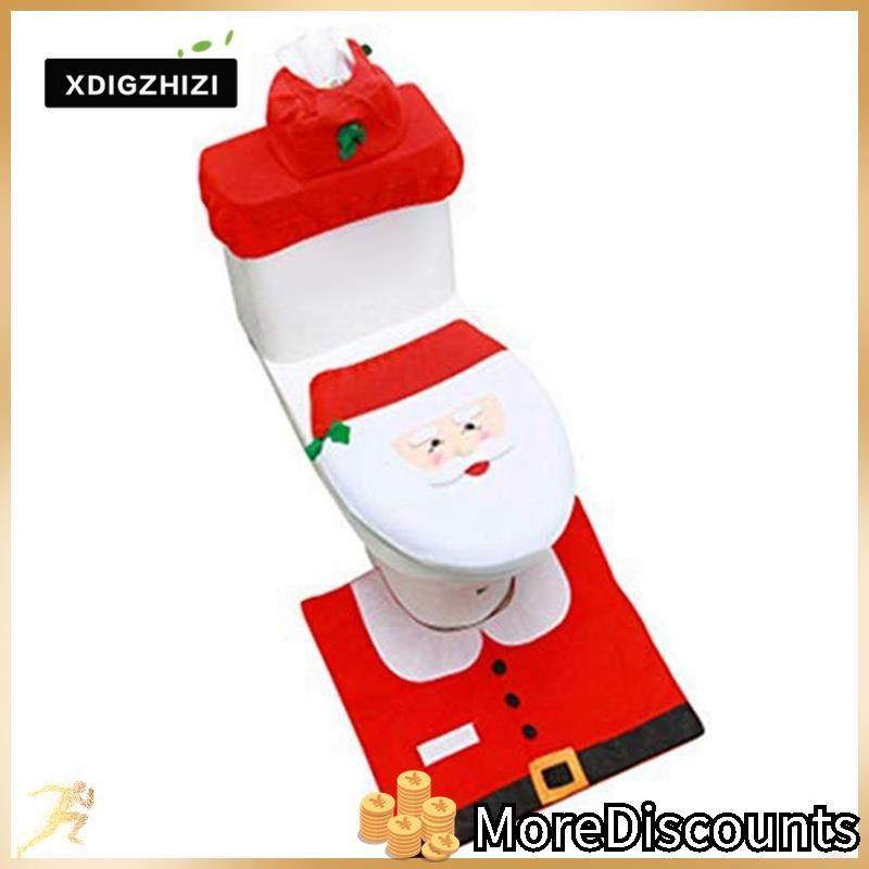 Christmas Toilet Seat Cover And Rug Set - 3-Piece Bathroom Decor With Toilet Mat & Lid Cover For Holiday Home Decorating