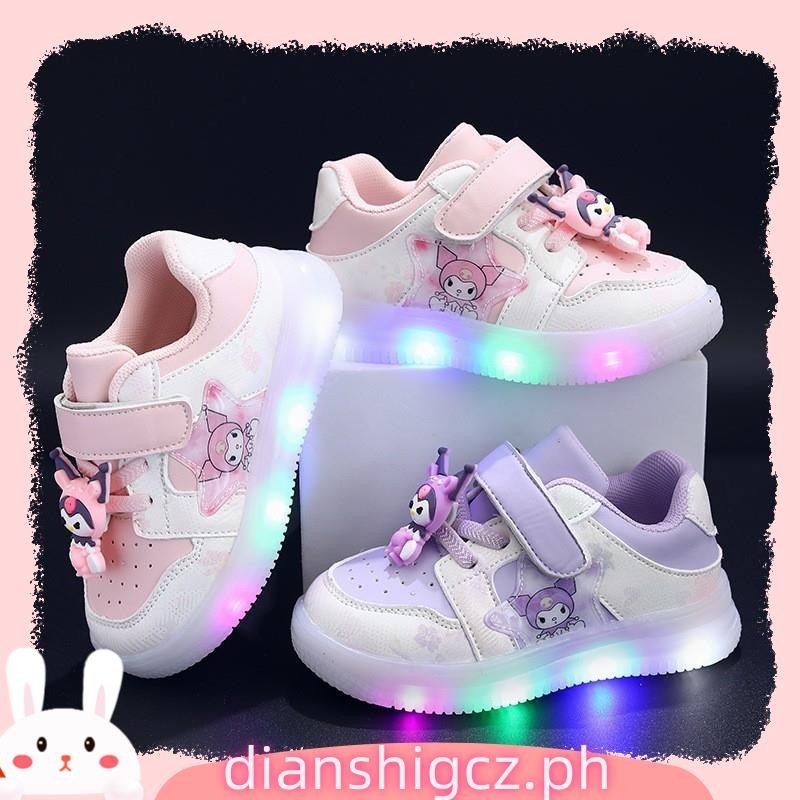 New Kids Girl Shoes Kuromi Princess Sports Shoes Leather LED Light Sneakers  Casual Shoes