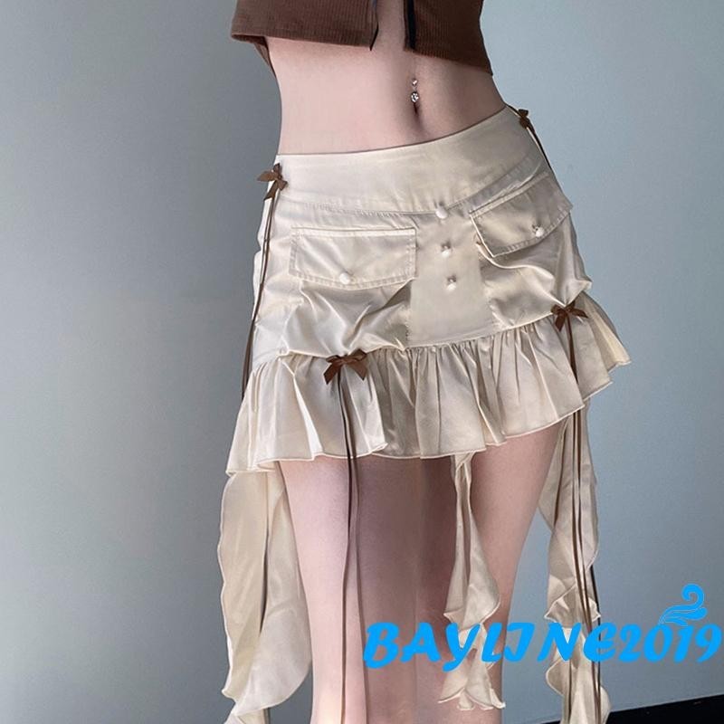 Bayline-Women´s Summer Ruffled Mini Skirt with Long Ribbon Low Waist ...