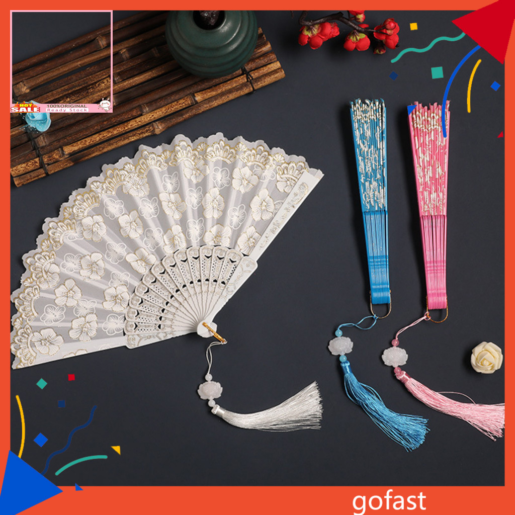 GOF Silk Cloth Folding Fan Portable Summer Fan Cherry Blossom Lace ...