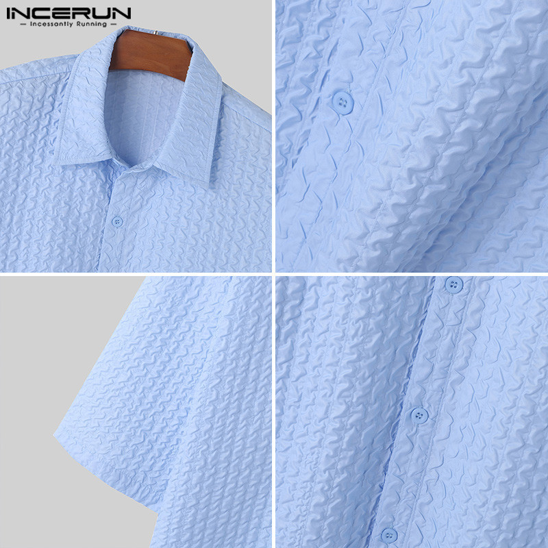 Men Korean Shirt Collar Pleated Short Sleeve Solid Color Shirts 