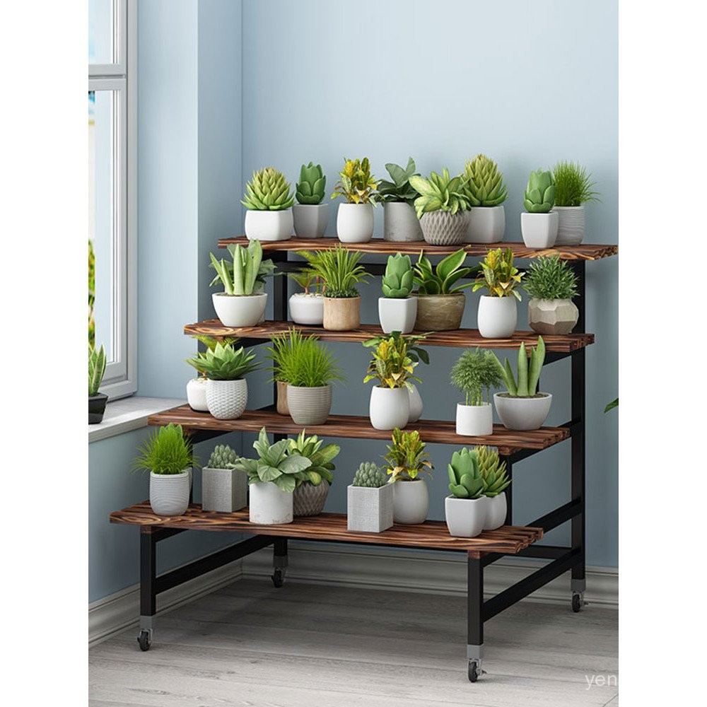 Movable Flower Stand with Wheels Balcony Step Solid Wood Storage Rack ...