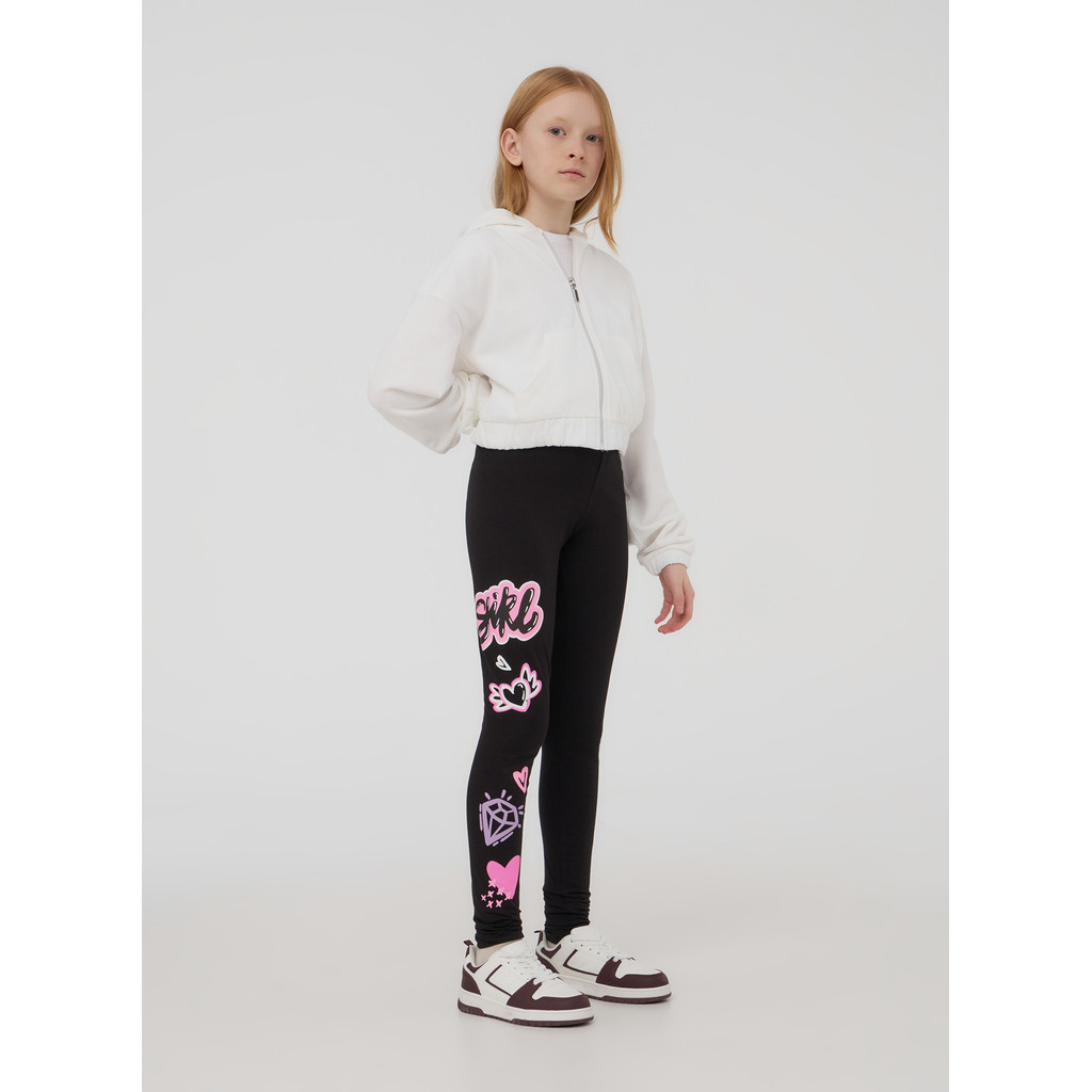 Leggings Réversible Noir Velours Et Imprimé Roses Fille