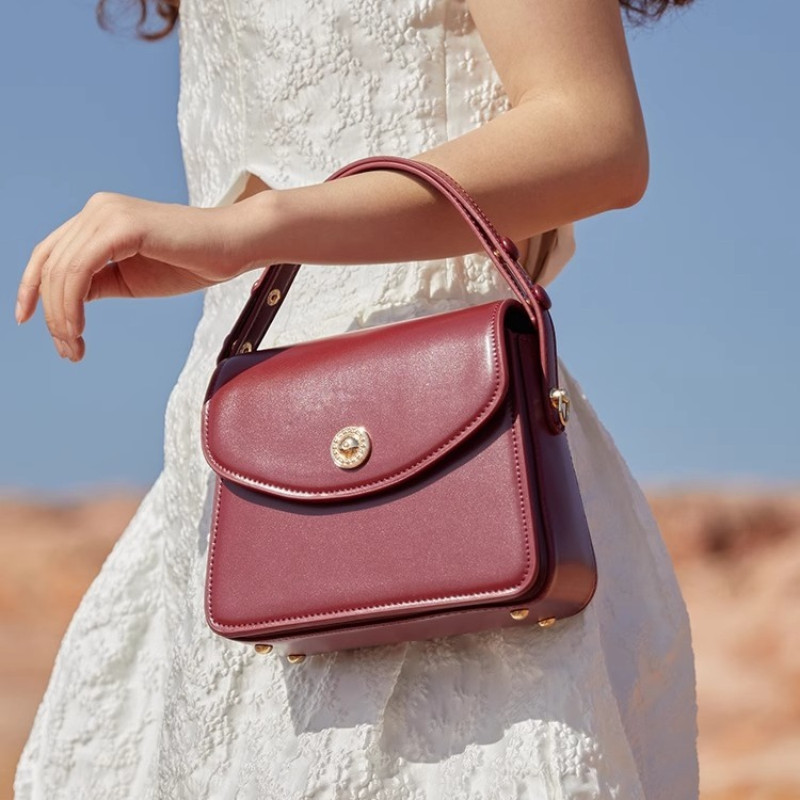 French Elegant Leather Crossbody Bag Retro Red Square Hand Bag High Quality  Shoulder Bag For Women