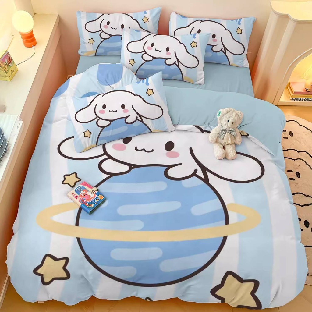 SQ2 Cute Sanrio Cinnamoroll Bedding Set Bed Sheet Quilt Cover Pillowcase  Dormitory Home Bedroom Washable 3IN1 Suit QS2