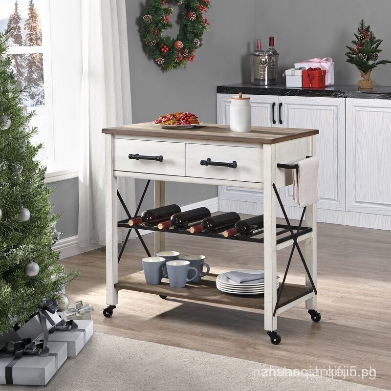 American Style Solid Wood Movable Island Kitchen Prep Table Home Iron ...