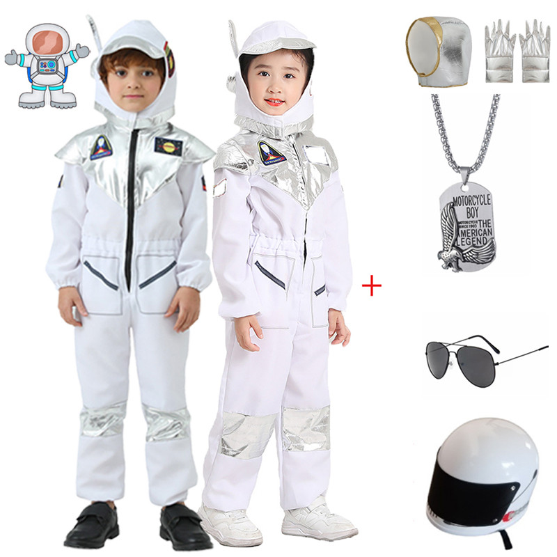 Astronaut Costume for Kids Boy White Sliver Space Suit Jumpsuit Gloves ...