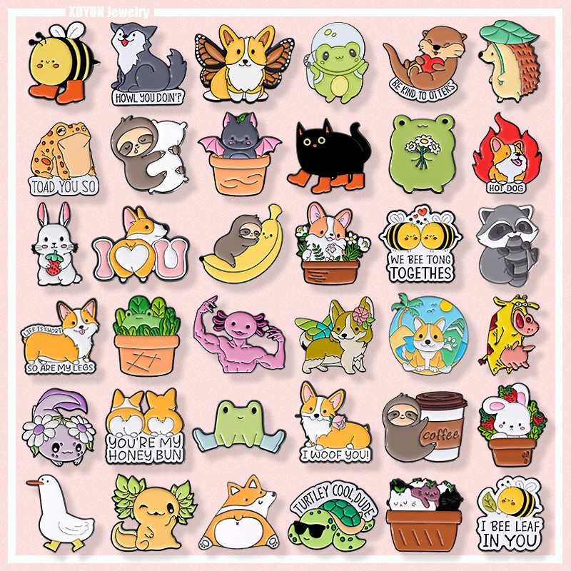 Cute Animal Enamel Brooch Cartoon Corgi Dog Cat Bee Frog Alloy Badge ...