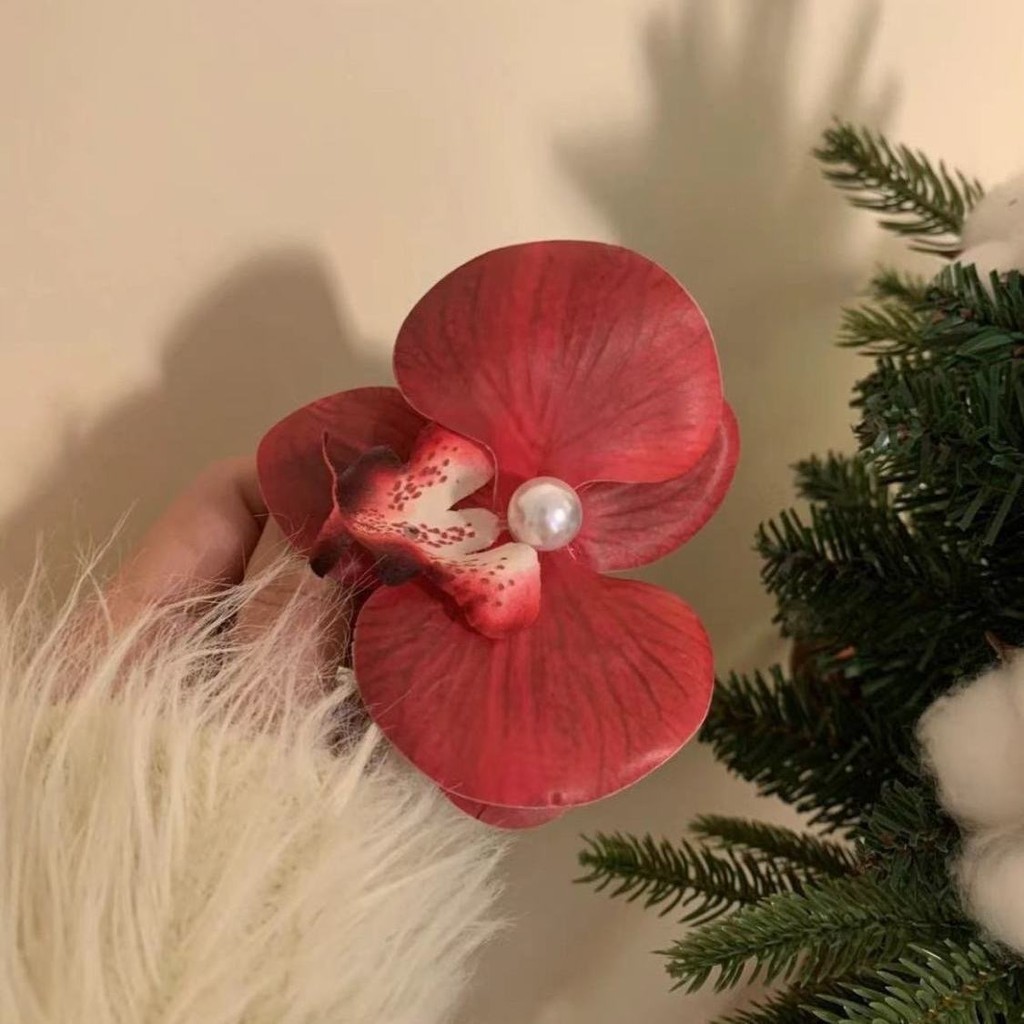 thumbnail image 2 of TseenYi Red Orchid Hair Clip – Large Fabric Floral Hairpin With Pearls, Bridal Wedding Headpiece, Boho Statement Clip 2 of 14