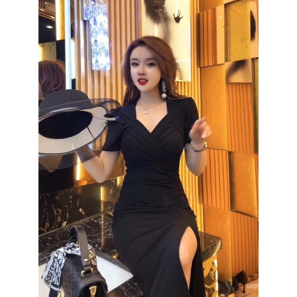 Fashionable with Side-Slit Socialite Dress Slim Fit Summer NewVCollar ...