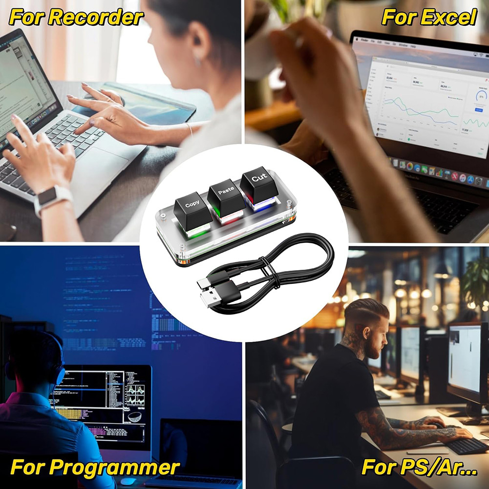 RGB Mini Cut Copy Paste Keyboard 3-Key USB Type-C Gaming Mechanical ...