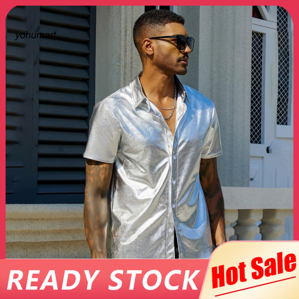 Loose Fit Men Top Casual Button Closure Shirt Men's Glossy Surface ...