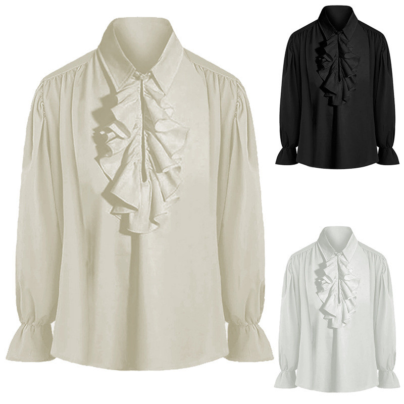 Men's ruffle shirt solid color long-sleeved hidden button shirt ...