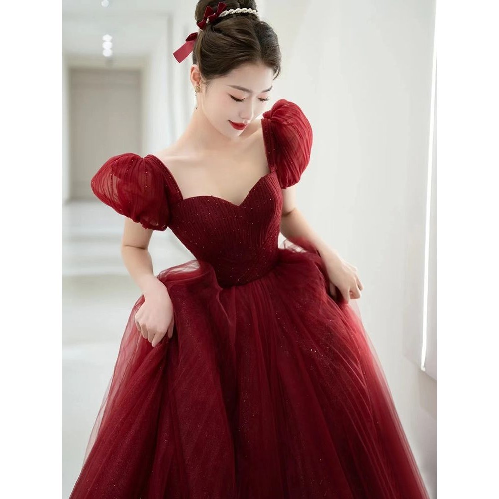 Hawlife Korean Red Elegant Puff Sleeve Evening Prom Ball JS Debut ...
