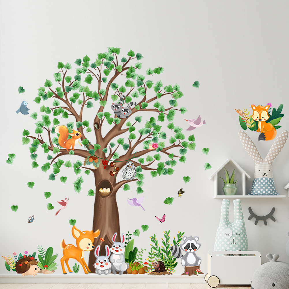 Creative Big Tree Wall Stickers Cartoon Forest Animal Classroom ...