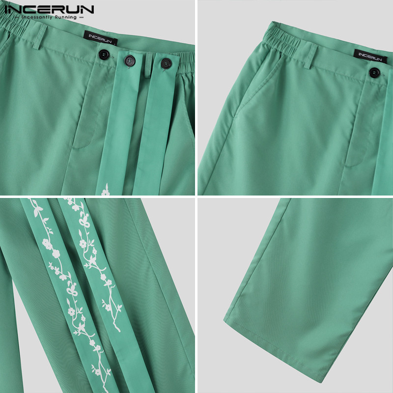 INCERUN Men Korean Embroidered Flower Ribbon Casual Long Trousers ...