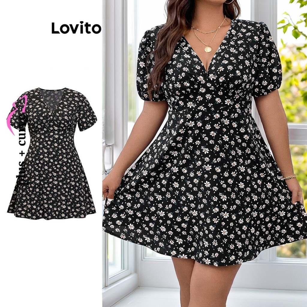 Lovito Women Plus Size Curve Romantic Ditsy Floral Printing Dress Lbl09437 Shopee Philippines