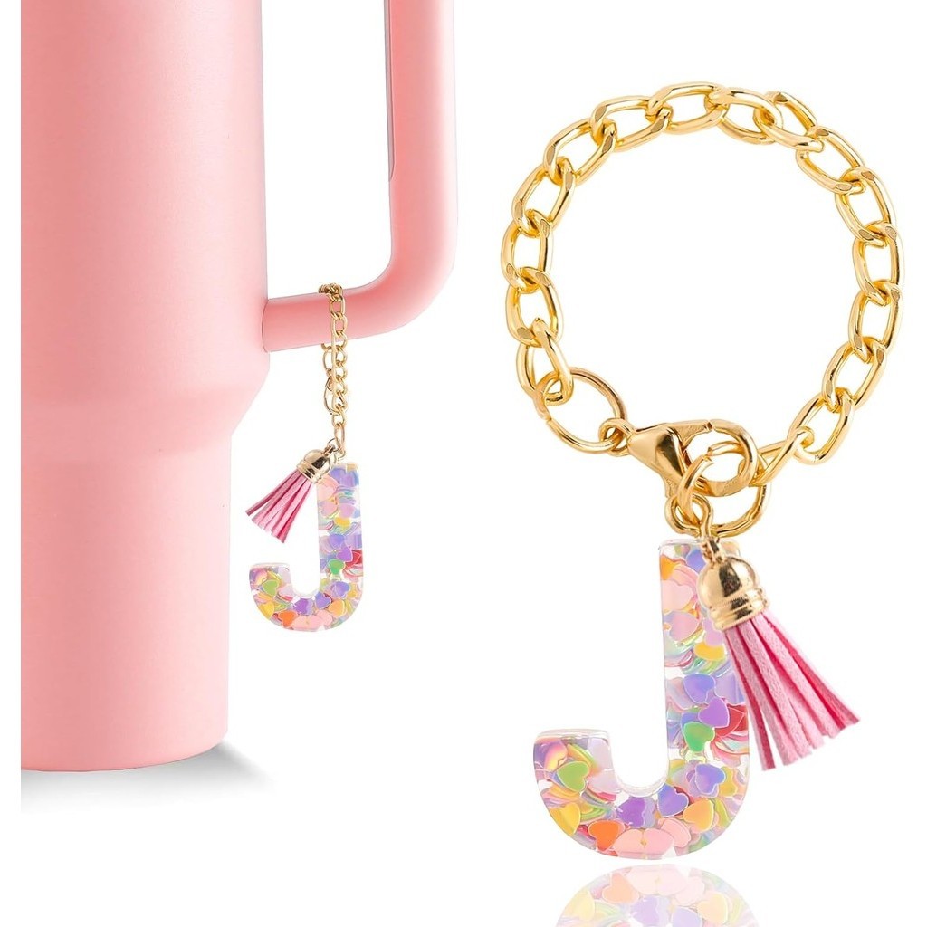 Stanley Cup Letter Charms & Pearl Chain - Personalized Tumbler Accessories With 3 Heart Charms