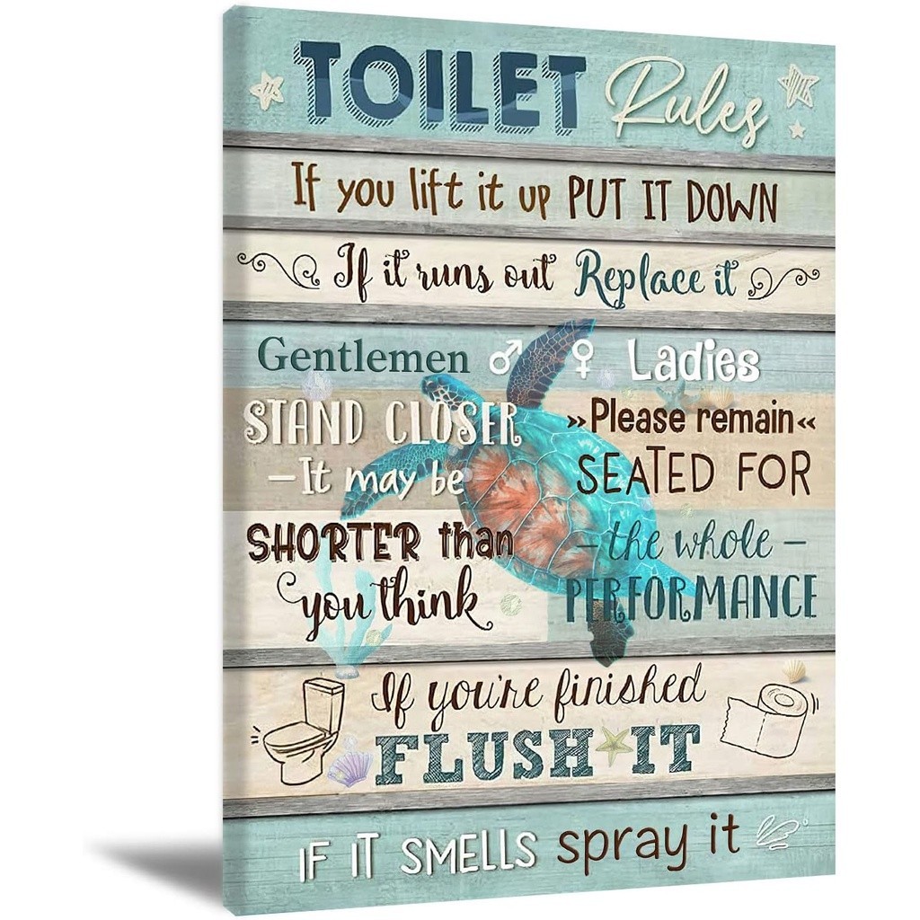 Toilet Rules Bathroom Canvas Wall Art Wood Background Decor Funny Sign ...