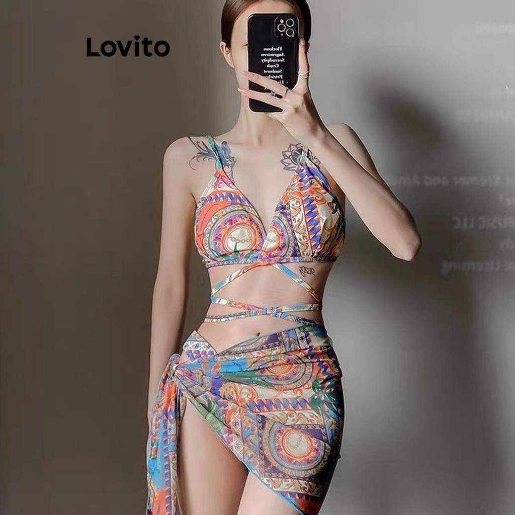 Lovito Women Casual Ditsy Floral Pattern Bikini Sets Lna Shopee