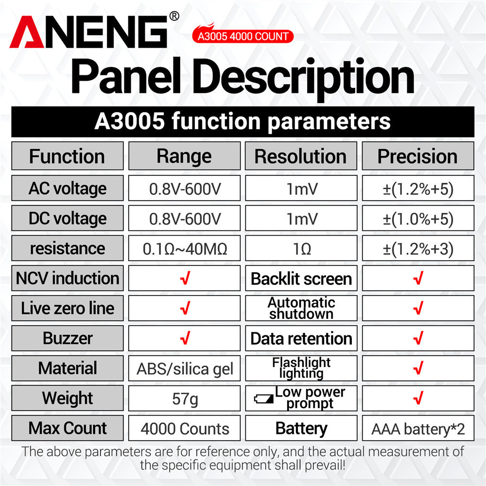 Aneng A3005 Digital Multimeter Pen Type Meter 4000 Counts AC/DC Voltage ...