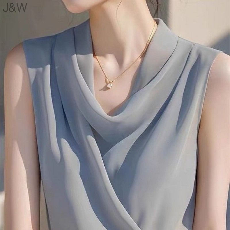 Chiffon Tops For Women Elegant 2026.French Style Blue Cowl Neck Chiffon Top Women Elegant Office Wear ...