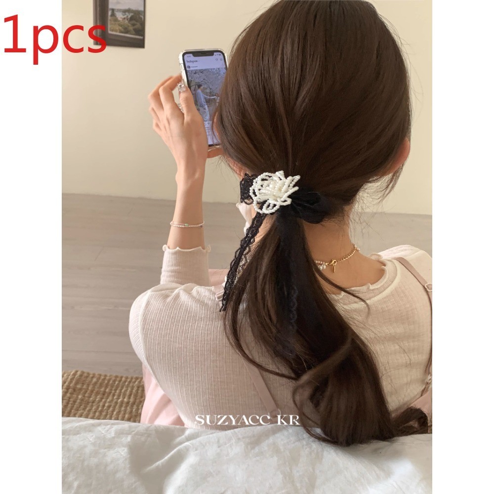 Pearl Flower Lace Streamer Hair Ring Low Ponytail Light Luxury ...