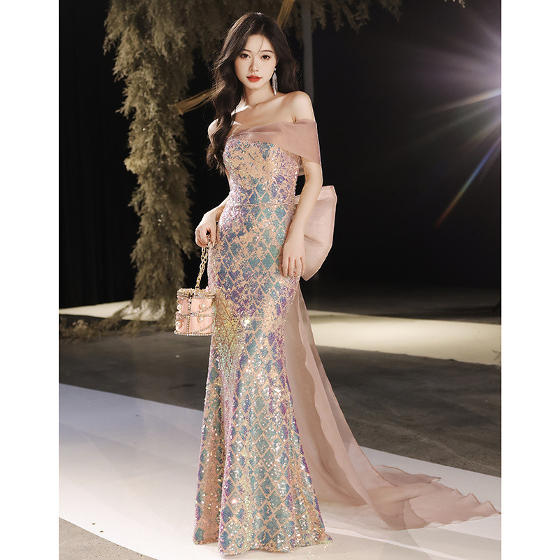 Colorful One Shoulder Sequin Fish Tail Evening Dress Prom Gown Mermaid ...