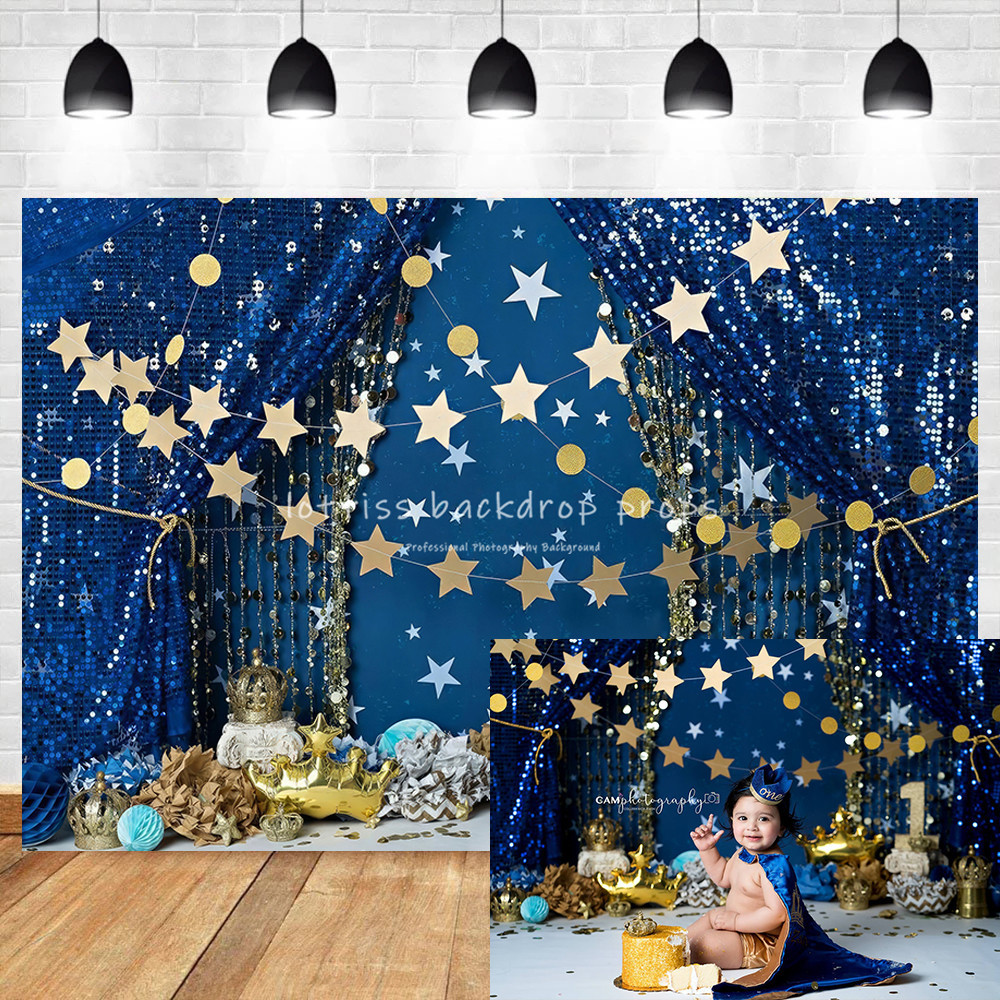 Prince Charming Backdrops Kids Cake Smash Props Blue Curtains Golden ...