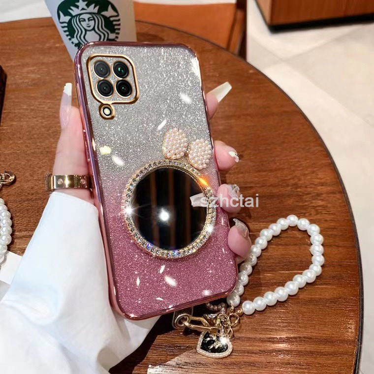 Luxury Glitter Plating Phone Case samsung a12 m12 f12 a22 m22 Transparent  Cover Case Shell pearl bow makeup mirror with bracelet for girls