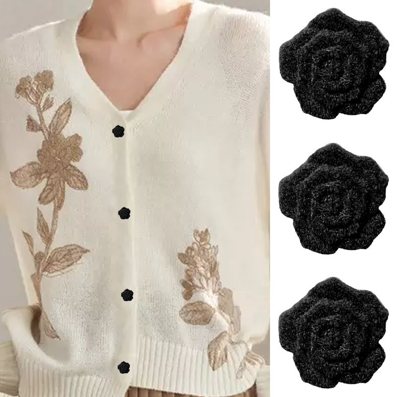 Bfxdg 5pcs/Set Premium Autumn Winter Flocking Black Rose Flower Button ...