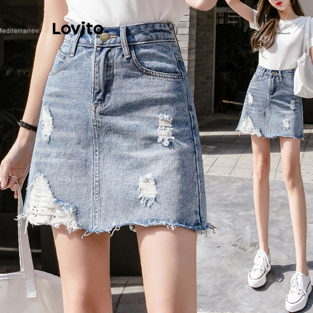 Lovito Women Casual Plain Washed Ripped Pocket Denim Skirt LNE56481 ...