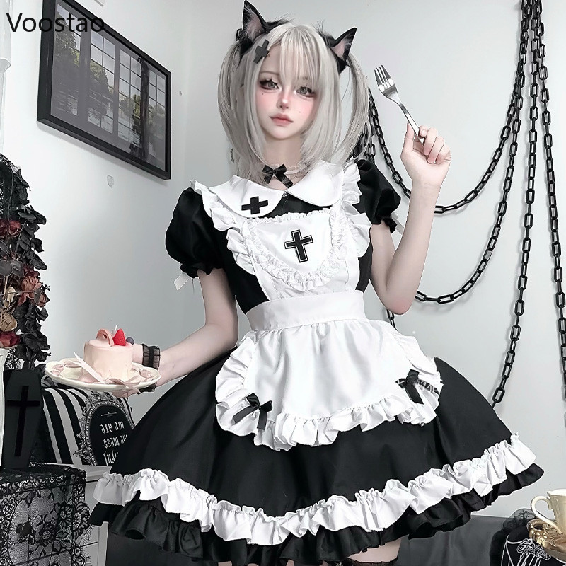 Japanese Sweet Lolita Maid Dress Cosplay Costume Women Gothic Short ...