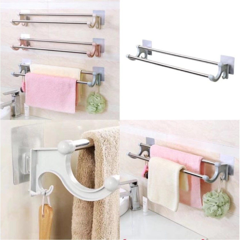 Double Poles Bathroom Towel Rack No Punching Required Stainless Steel ...