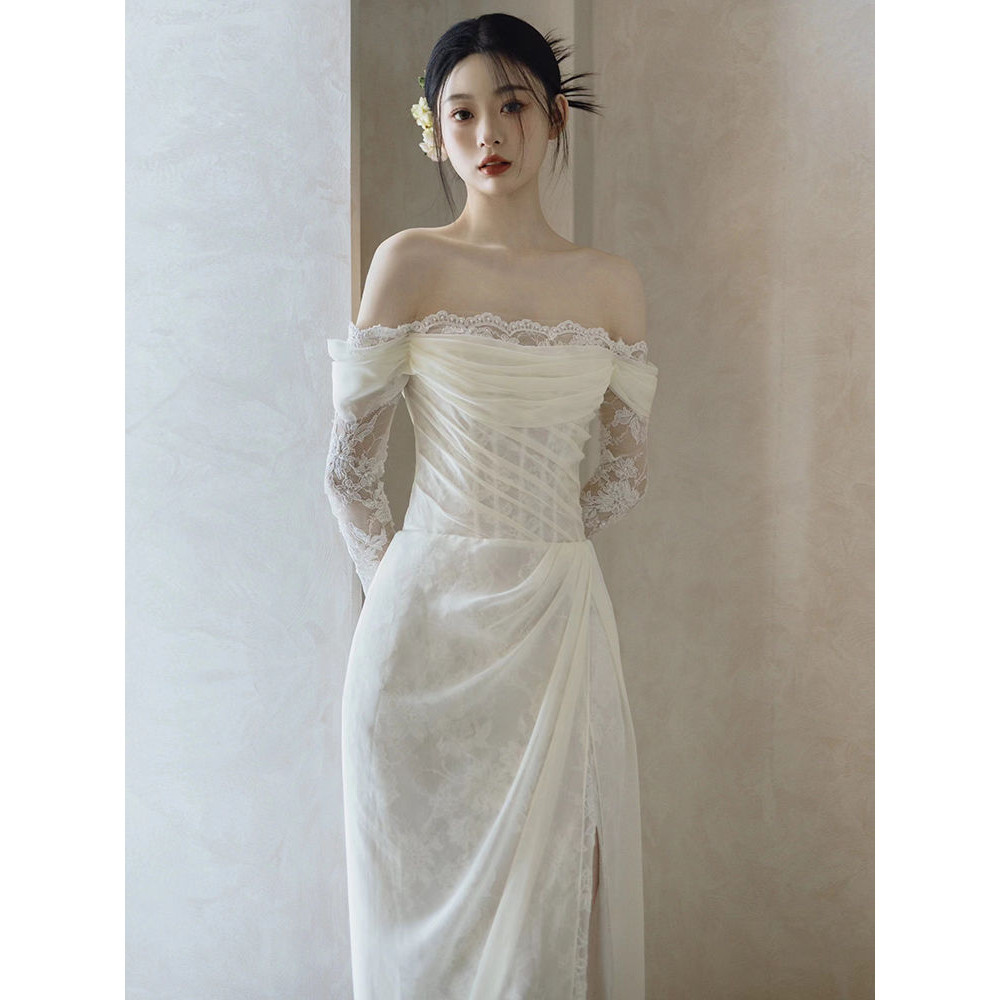 off-Shoulder Light Wedding Dress French Lace Long Sleeve Wedding Veil ...