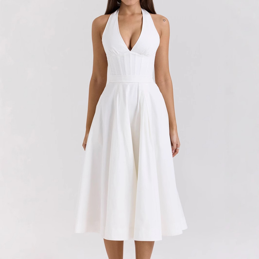White Halterneck Chikan Short Flare Dress