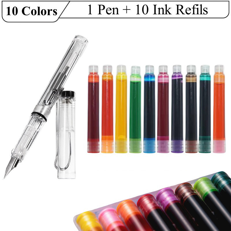 0.5mm Transparent Refillable Fountain Pens Set 10 Color Available Black ...