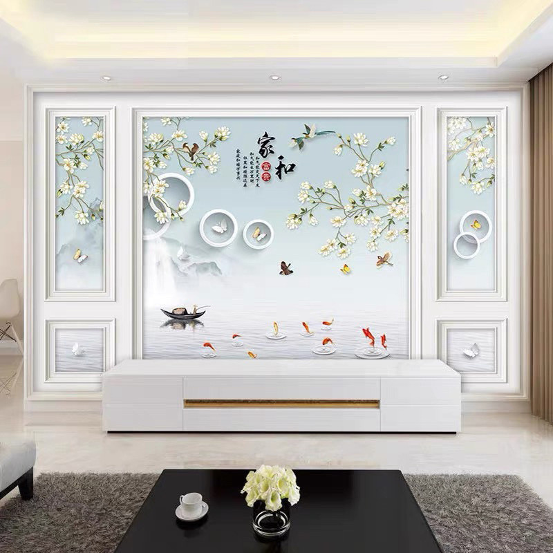 Custom modern style flower, bird, goldfish, peacock wallpaper mural for