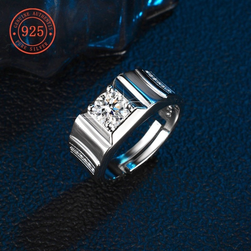 Shefuli 925 Silver Simple Rhinestone Open Ring Men's Birthday Gift ...