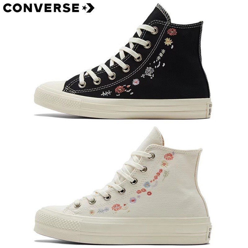 On hand Converse Chuck Taylor star lift floral embroidery black white ...