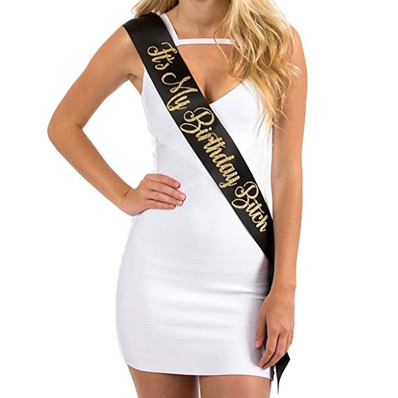 IRYNA 1Pcs Birthday Bitch Sash Black Golden Glitter Satin Sash For Birthday Decoration,Birthday...
