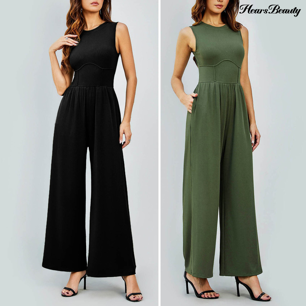[HB]Women Summer Jumpsuit Wide Leg Straight Sleeveless Round Neck Back ...