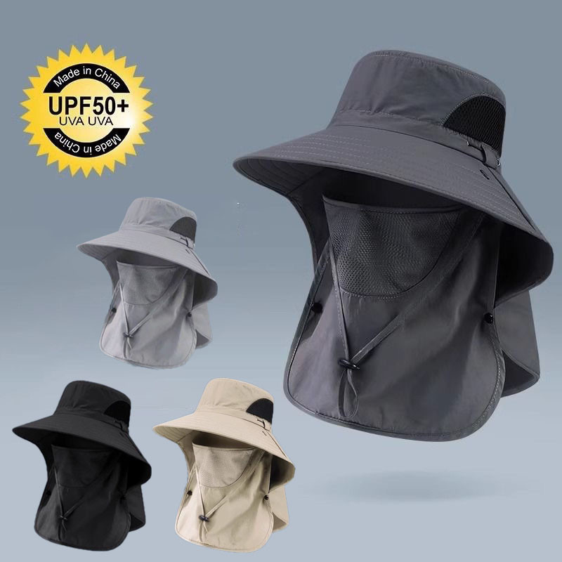 Men's Hat with Face Cover Fashionable UV Protection Wide Brim Hat With