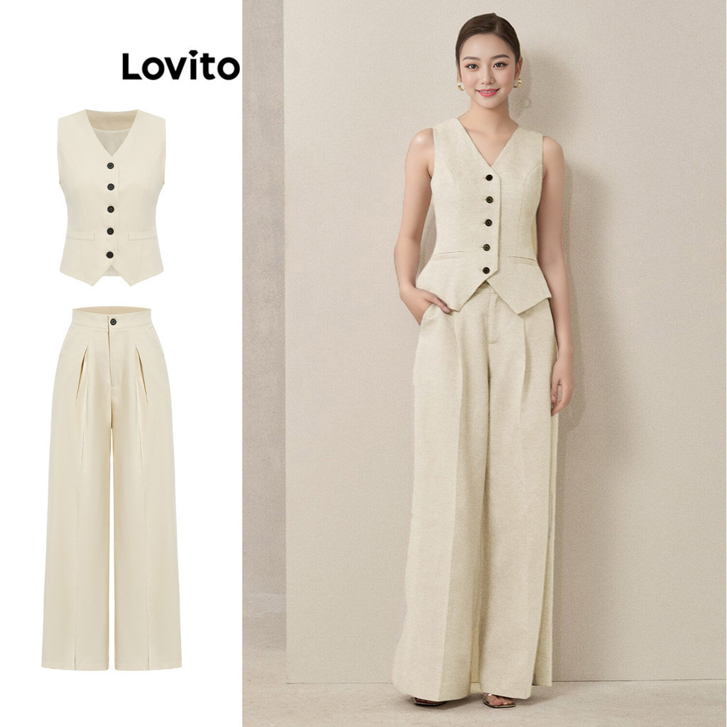 Lovito Women Elegant Plain Button Front Pants Sets L89MD151 | Shopee ...