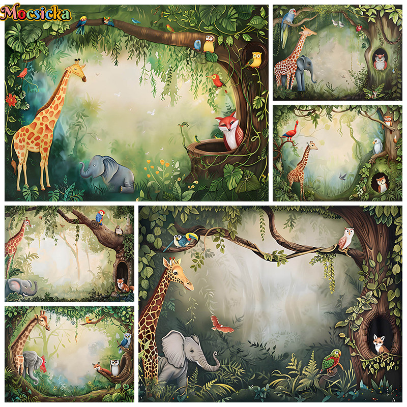 Animal Backdrop For Photography Forest Green Leaves Giraffe Elephant ...