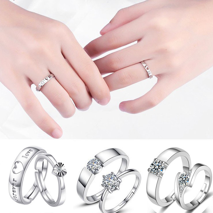 2Pcs Adjustable Silver Couple Ring Fashion Women Finger Ring Crystal ...