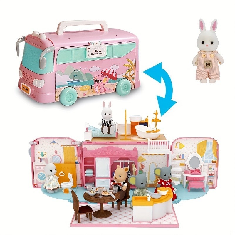 Portable Camper Van RV Toy Set Role-playing Scene Toy With Animal Doll ...