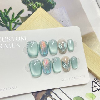 【HANDMADE】Artificial Nail Mint Candy Cat Eye Phototherapy press on ...