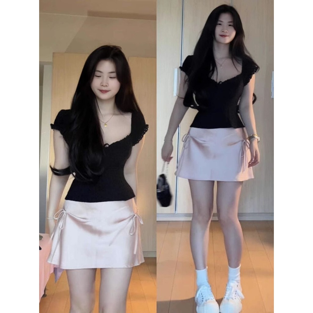 2022 Summer Korean Chic Skirt Suit V-Neck Short Sleeve Top High Waist Skirt 2-piece Set