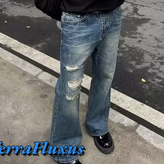 TerraFluxus Men's Ripped Jeans American High Street Washed Ripped ...